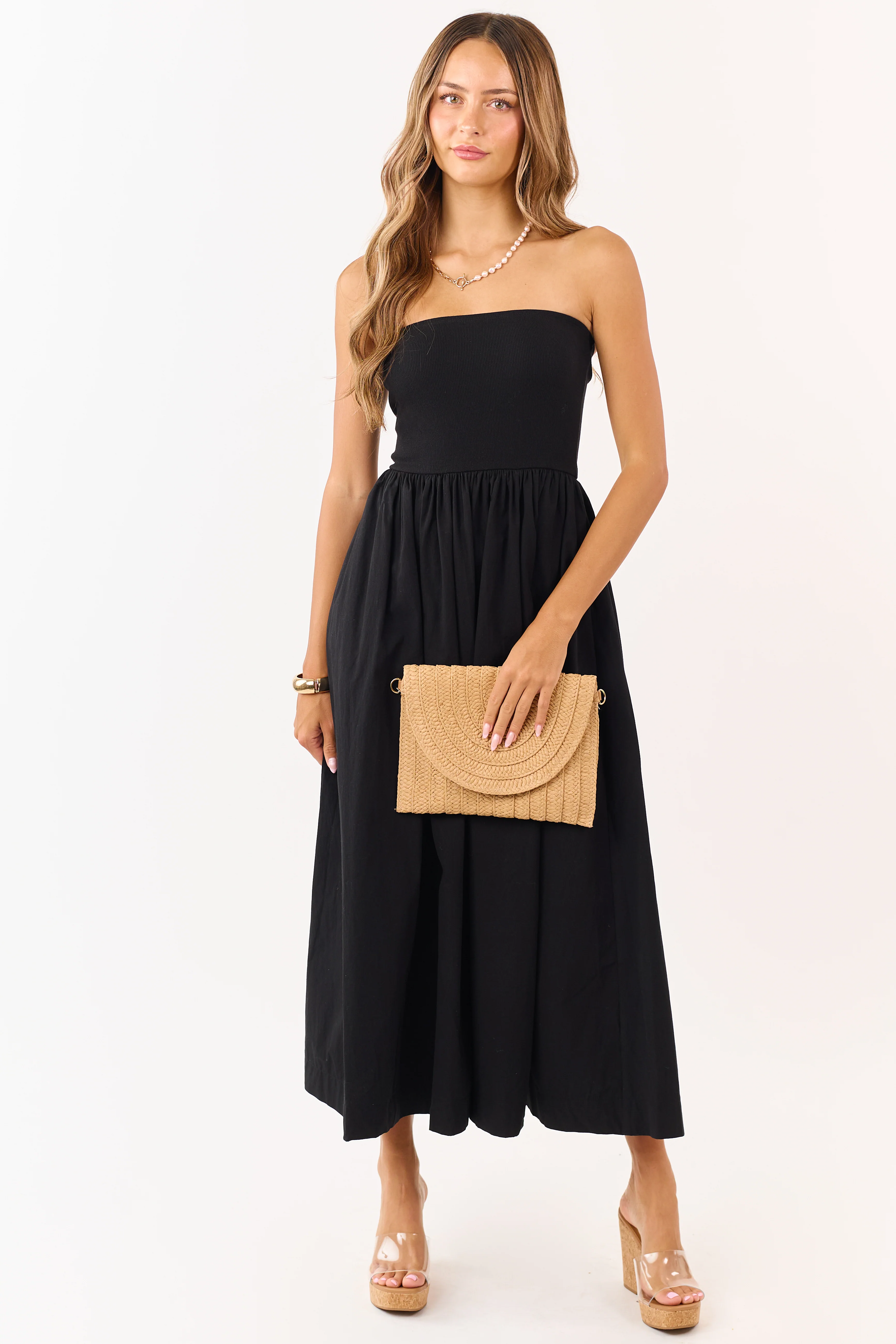 Black Strapless Knit Contrast Cotton Maxi Dress