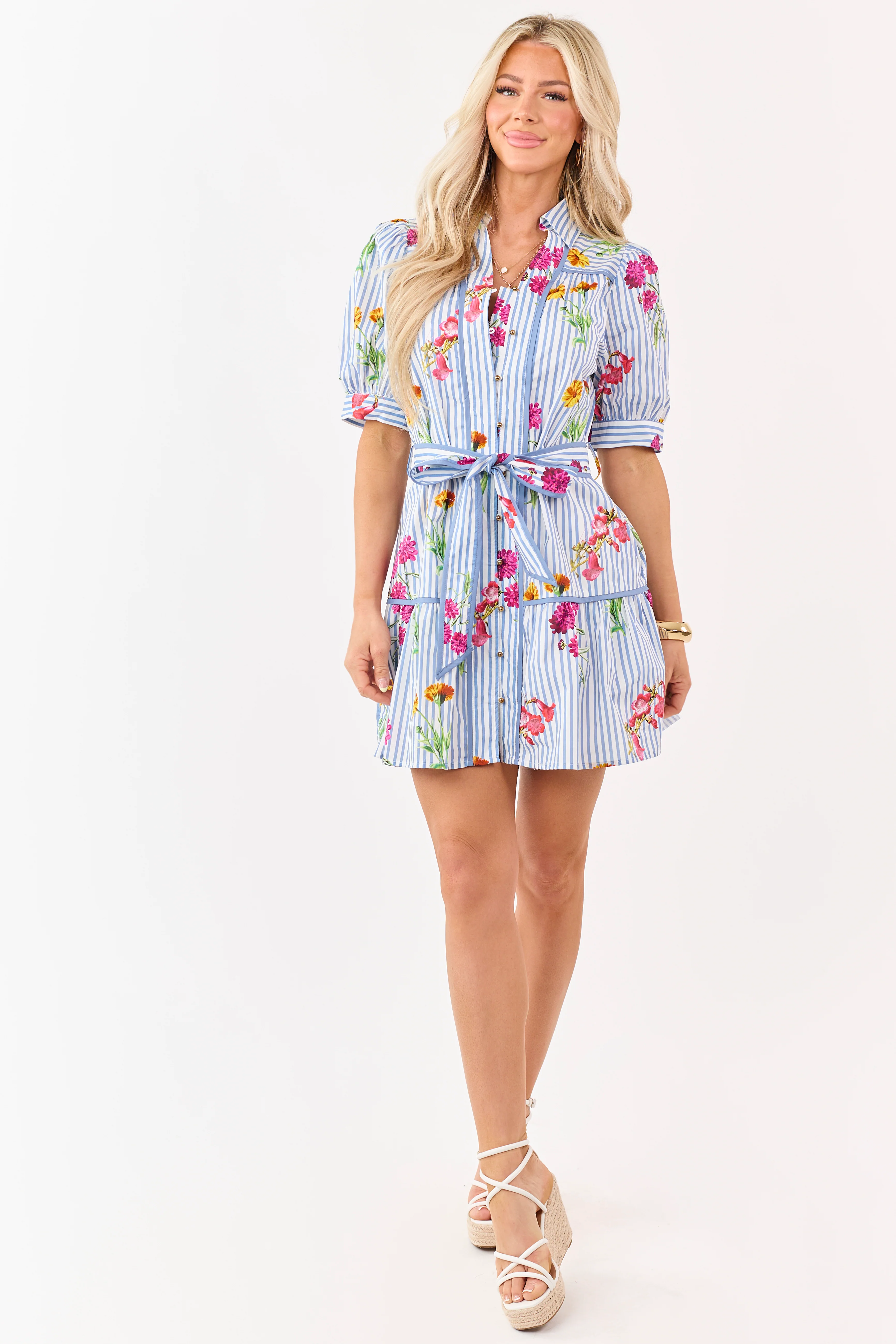 Cornflower Striped Floral Cotton Mini Dress