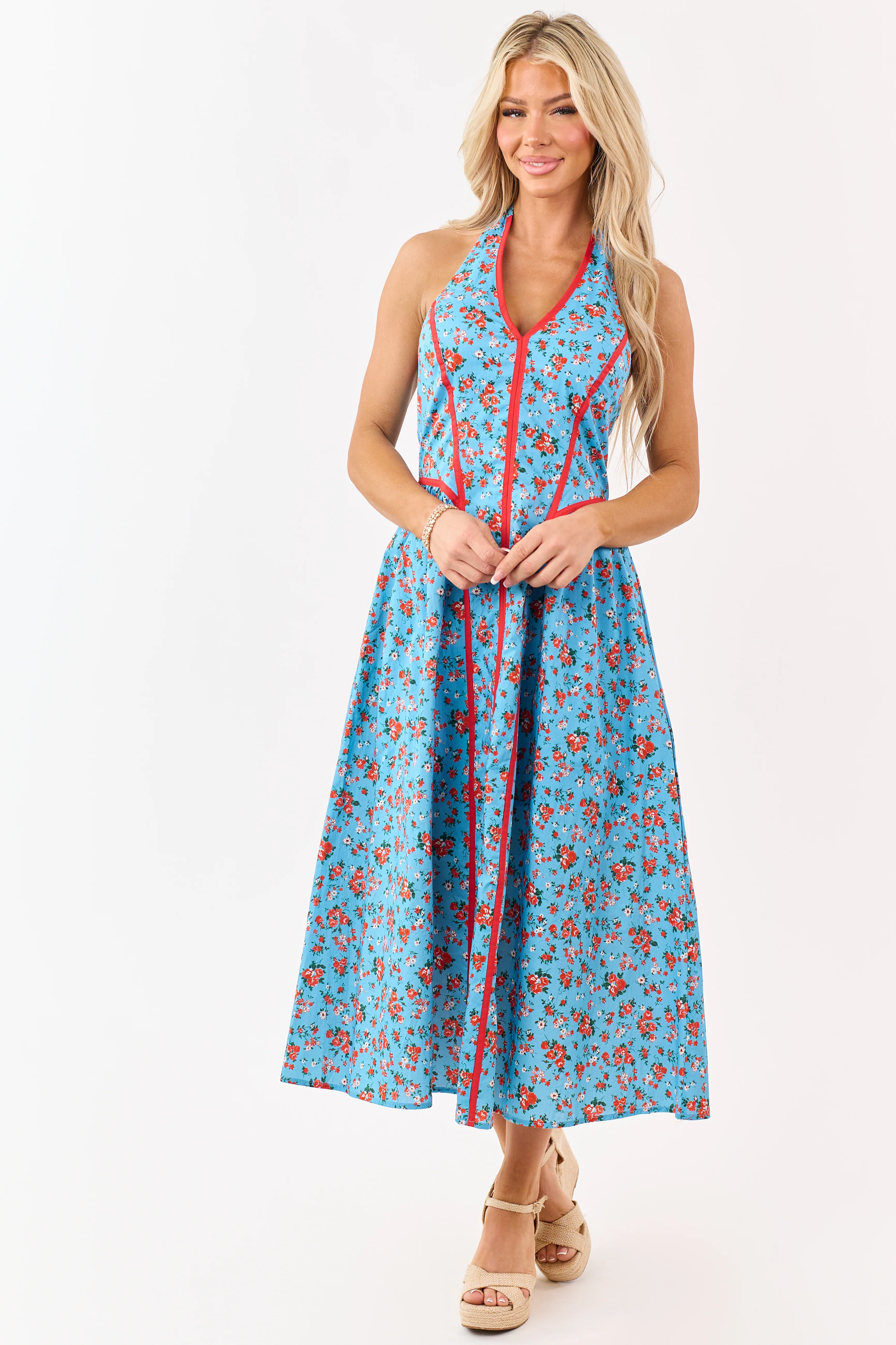 Cornflower Floral Print Cotton Midi Dress