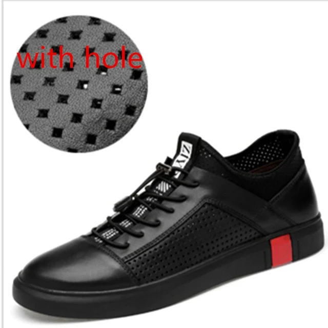 Black Genuine Leather Lace Up Breathable Men Sneakers