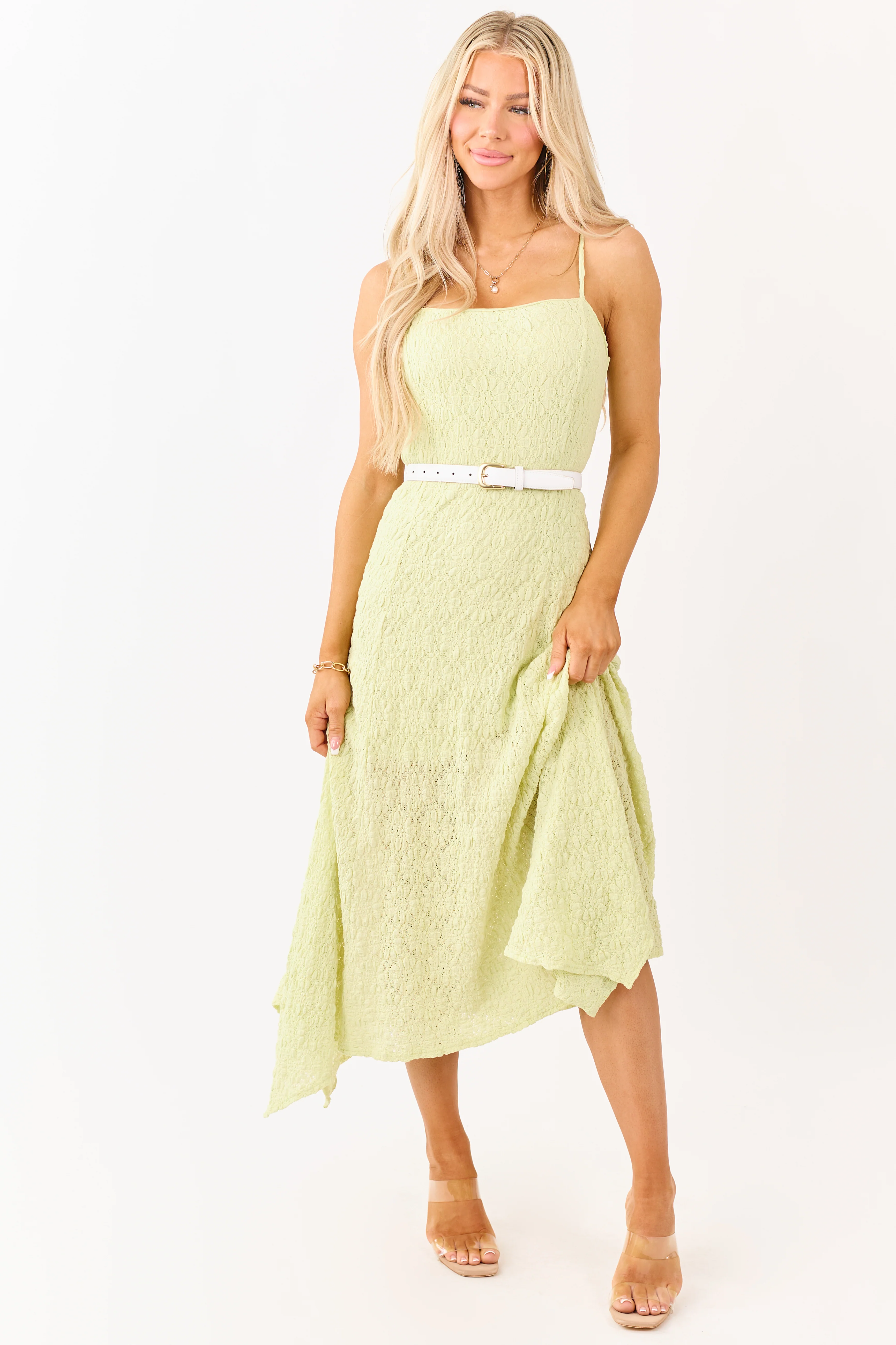 Pistachio Floral Lace Handkerchief Hem Midi Dress