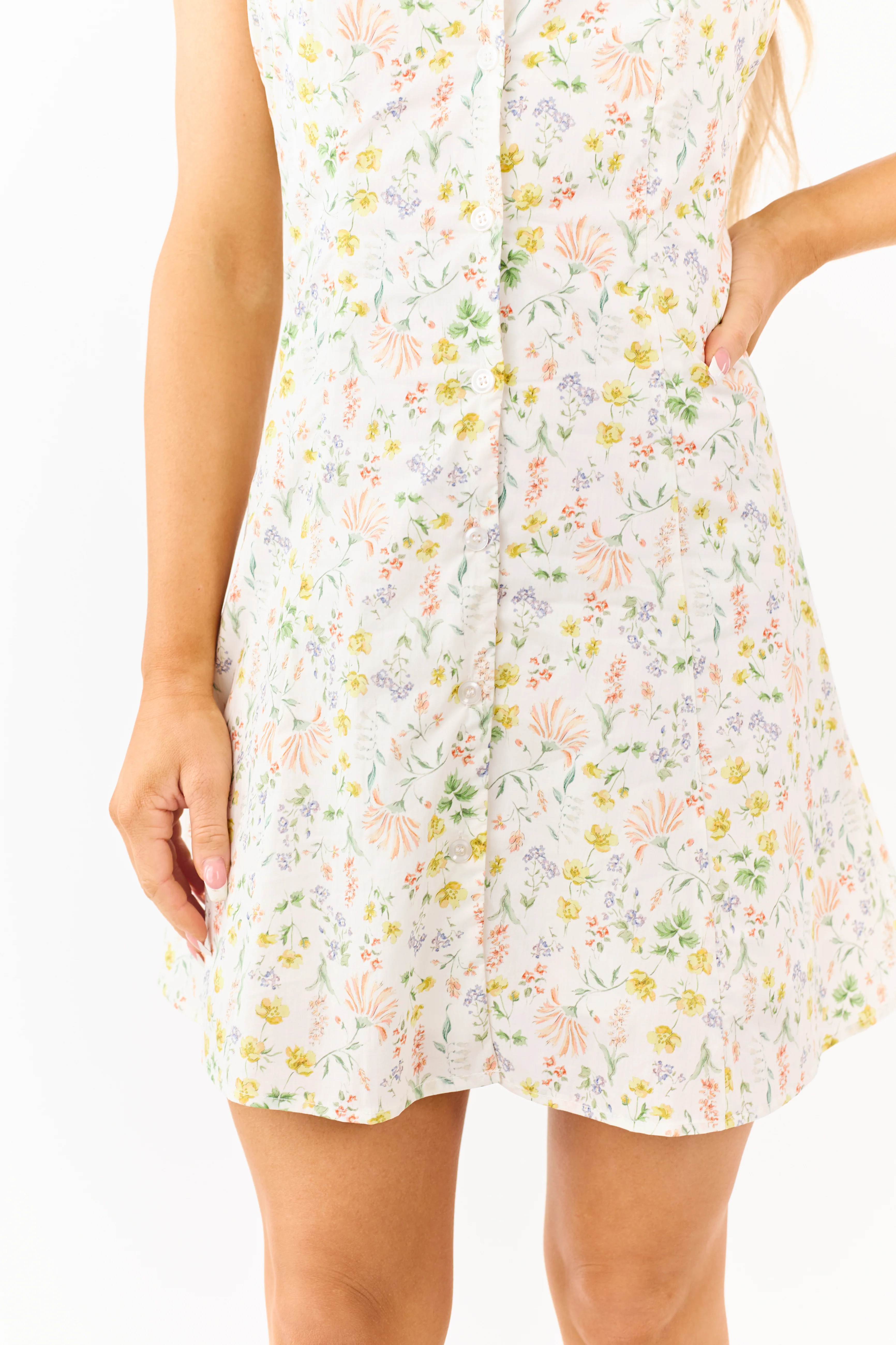 Ivory Floral Print Button Down Halter Mini Dress