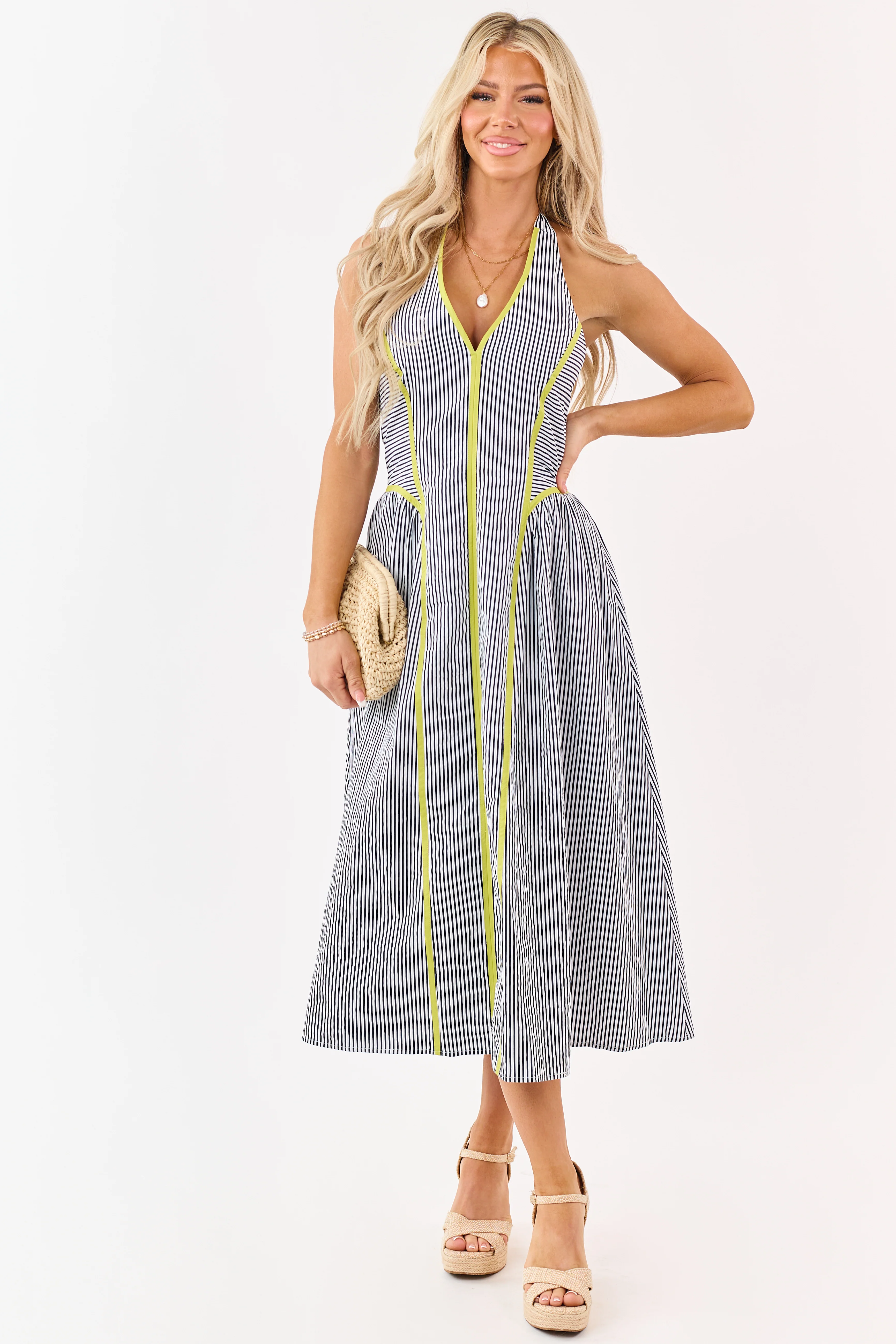 Navy Striped Cotton Halter Midi Dress