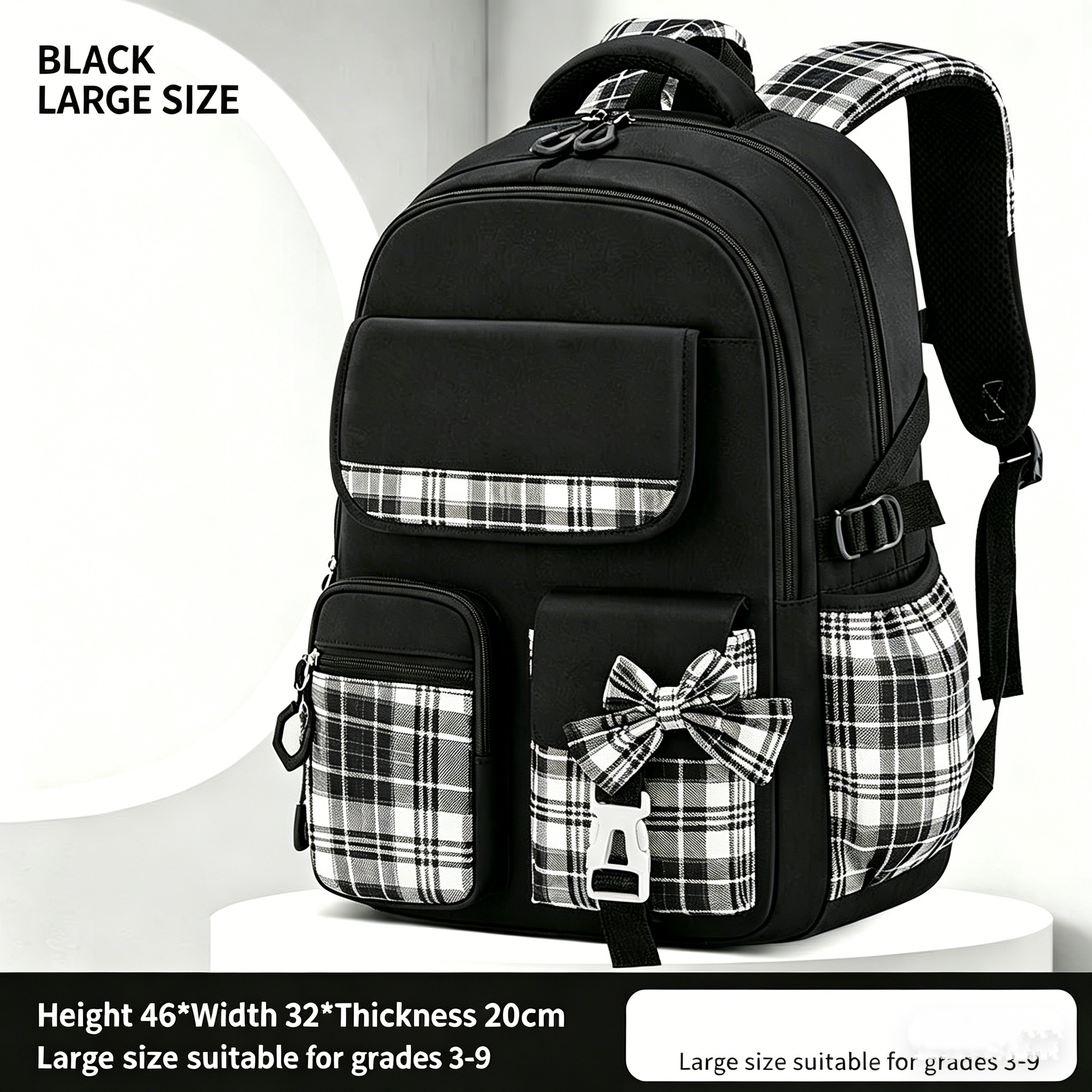 Protecting The Spine Ergonomics Elementary School Students Girls Checkered Backpack Large Capacity Lightweight Waterproof