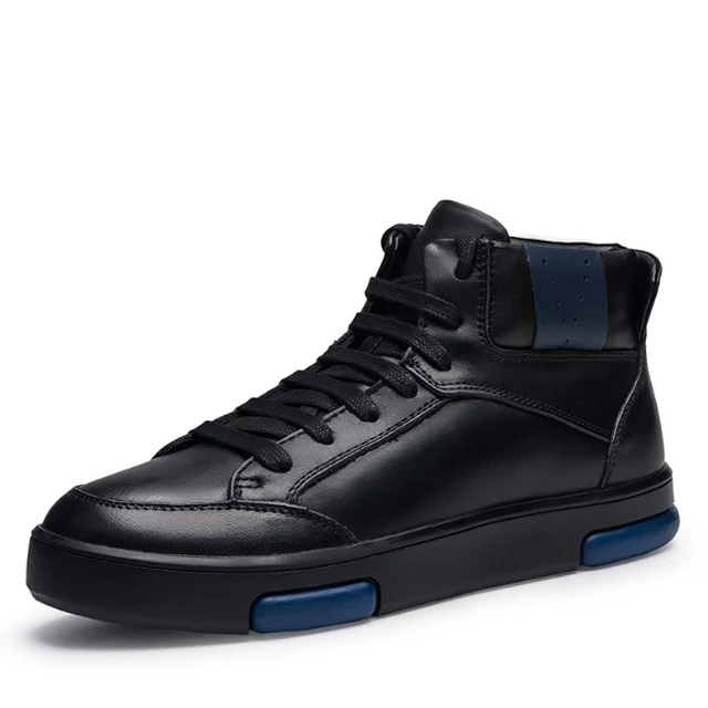 Casual Lace Up with Blue Mark Detail Men Leather High Top Sneakers