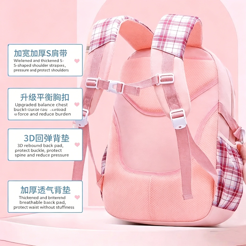 Protecting The Spine Ergonomics Elementary School Students Girls Checkered Backpack Large Capacity Lightweight Waterproof
