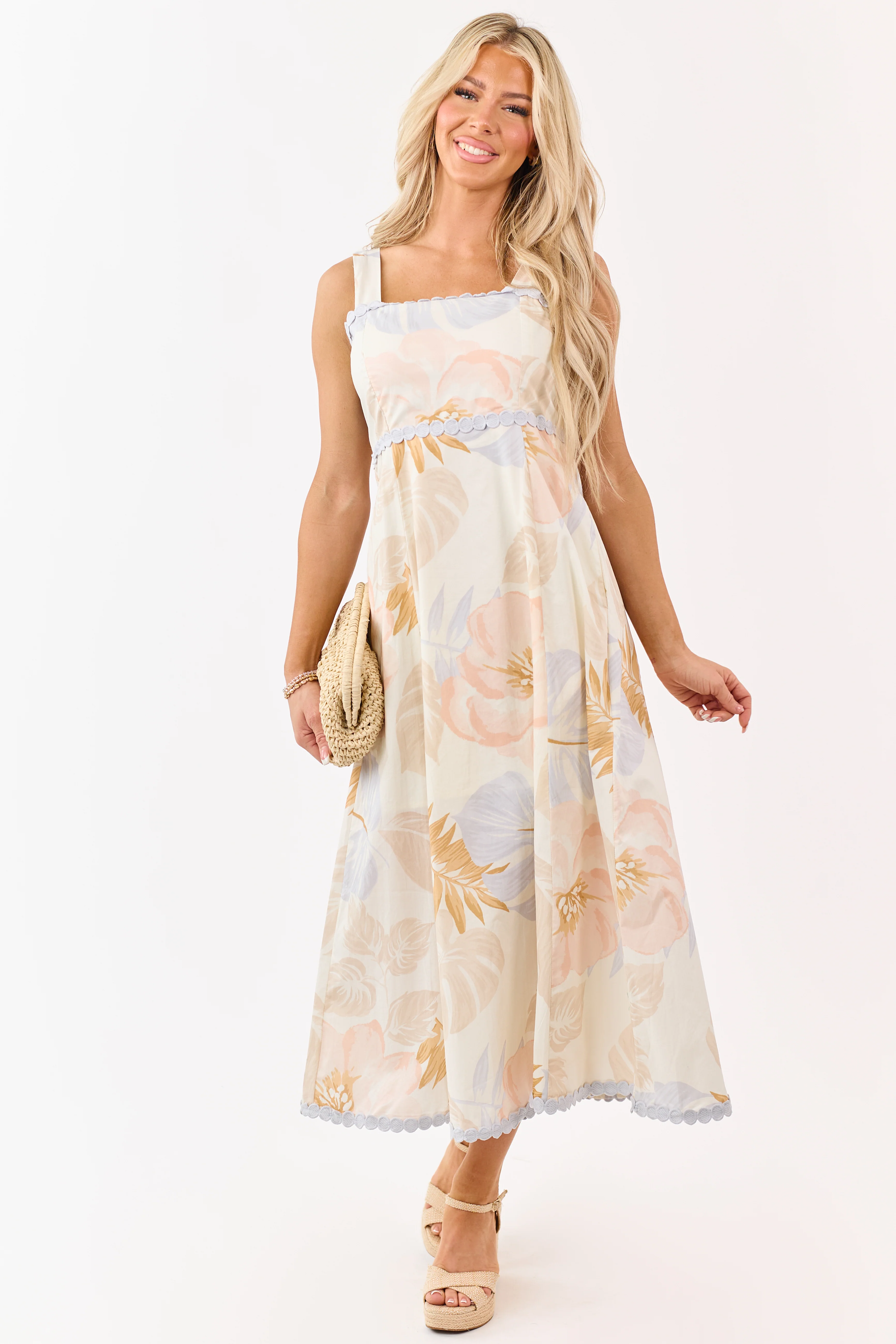 Cream Cotton Floral Print Lace Trim Midi Dress